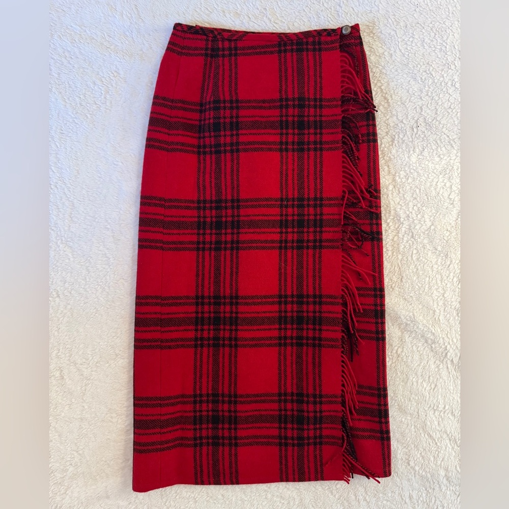 Eddie Bauer tartan plaid maxi wrap fringed wool blend skirt kilt‎ EUC size 6P